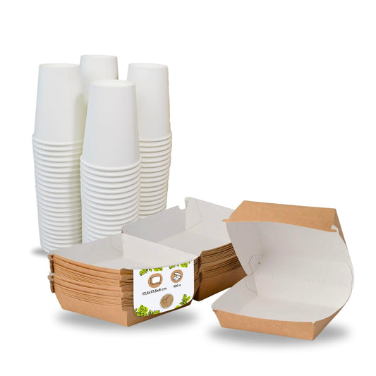 100 Kraft Burger Boxes (10x10x8 cm) with 100 Heavy Duty Paper Cups (4oz)