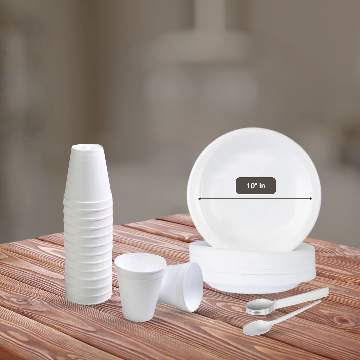3-in-1 Disposable Combo Pack: 10 Foam Plates (10' inch), 10 Plastic Spoons, 30 Foam Cups