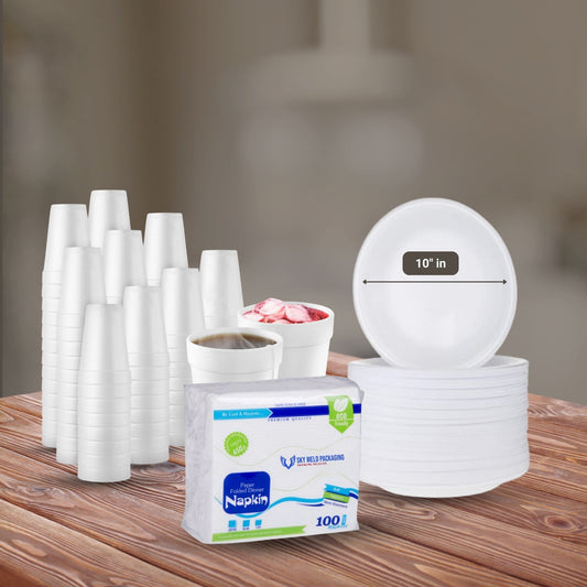 3-in-1 SkyMeld Disposable Combo Pack: 30 Foam Plates(10' inch), 50 Foam Cups, 100 Napkins