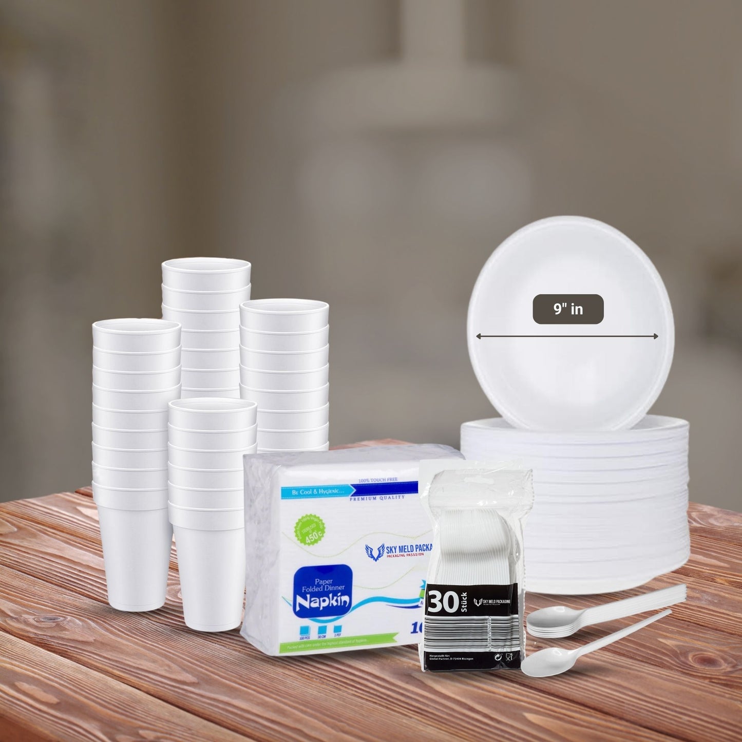 5-in-1 Disposable Combo Pack: 30 Foam Plates (9' inch), 30 Plastic Spoons, 30 Foam Cups, 100 Napkins