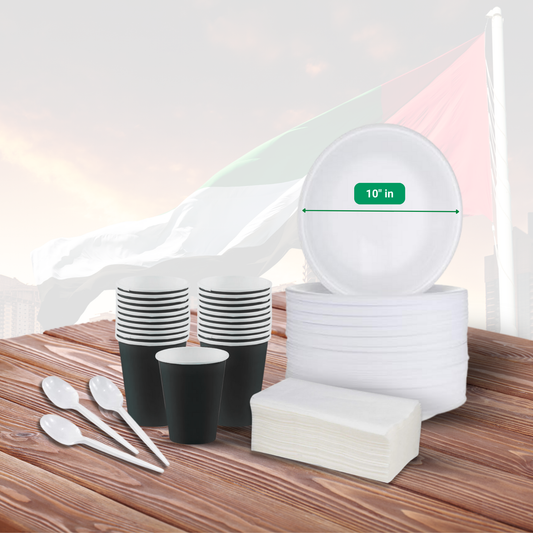 Sky Meld disposable foam & Paper combo pack 4 in 1 (25 pcs 10'' inch foam plates, 50 paper cups , 25 plastic spoon, 1 tissue packet (250 sheets))